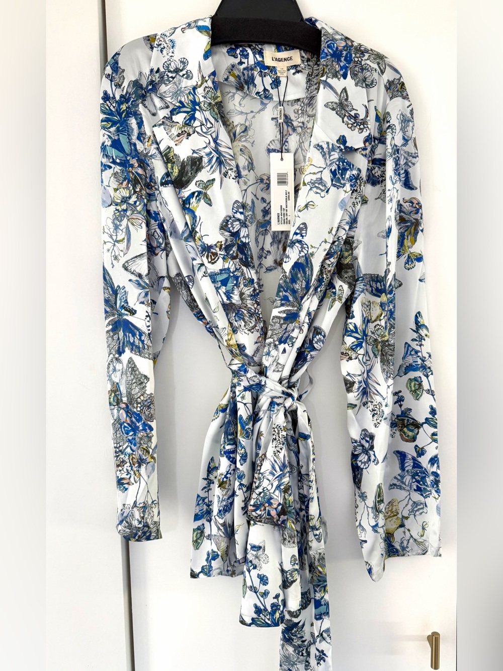 NWT L'AGENCE Blue and White Butterfly Floral Satin Blazer